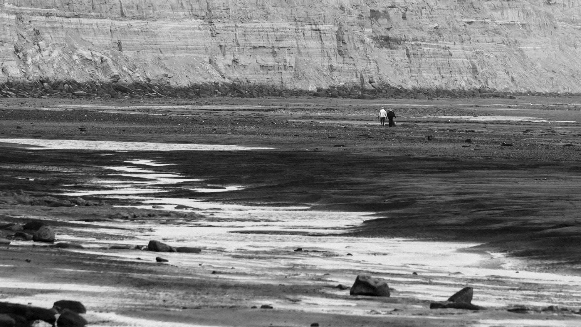 Dwie osoby idące po pustej, piaszczystej plaży w czerni i bieli